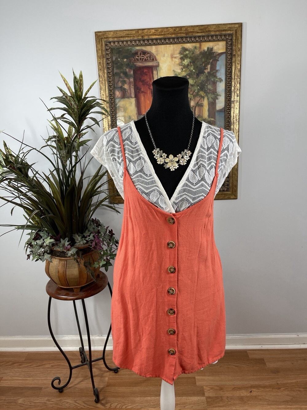 HOTOUCH Coral Lace Overlay Sleeveless Button Front Tunic Dress Womens S Boho